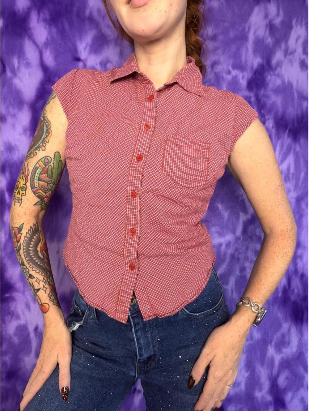 No boundaries vtg y2k red micro plaid fitted blouse